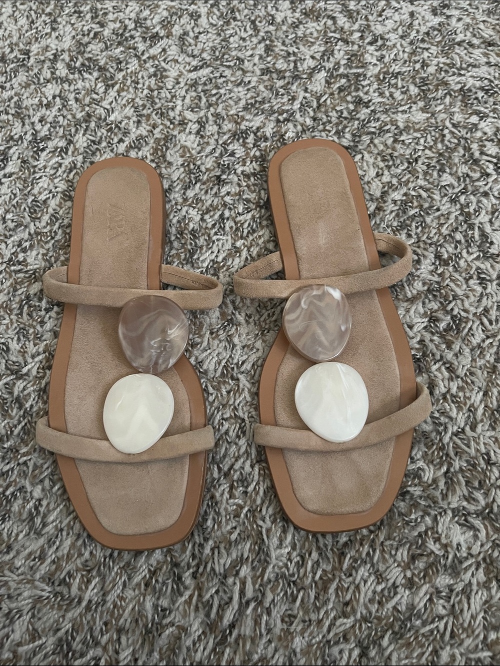 Zara stone bead cow leather nude sandals Size 38 US 7.5 - Picture 2 of 5